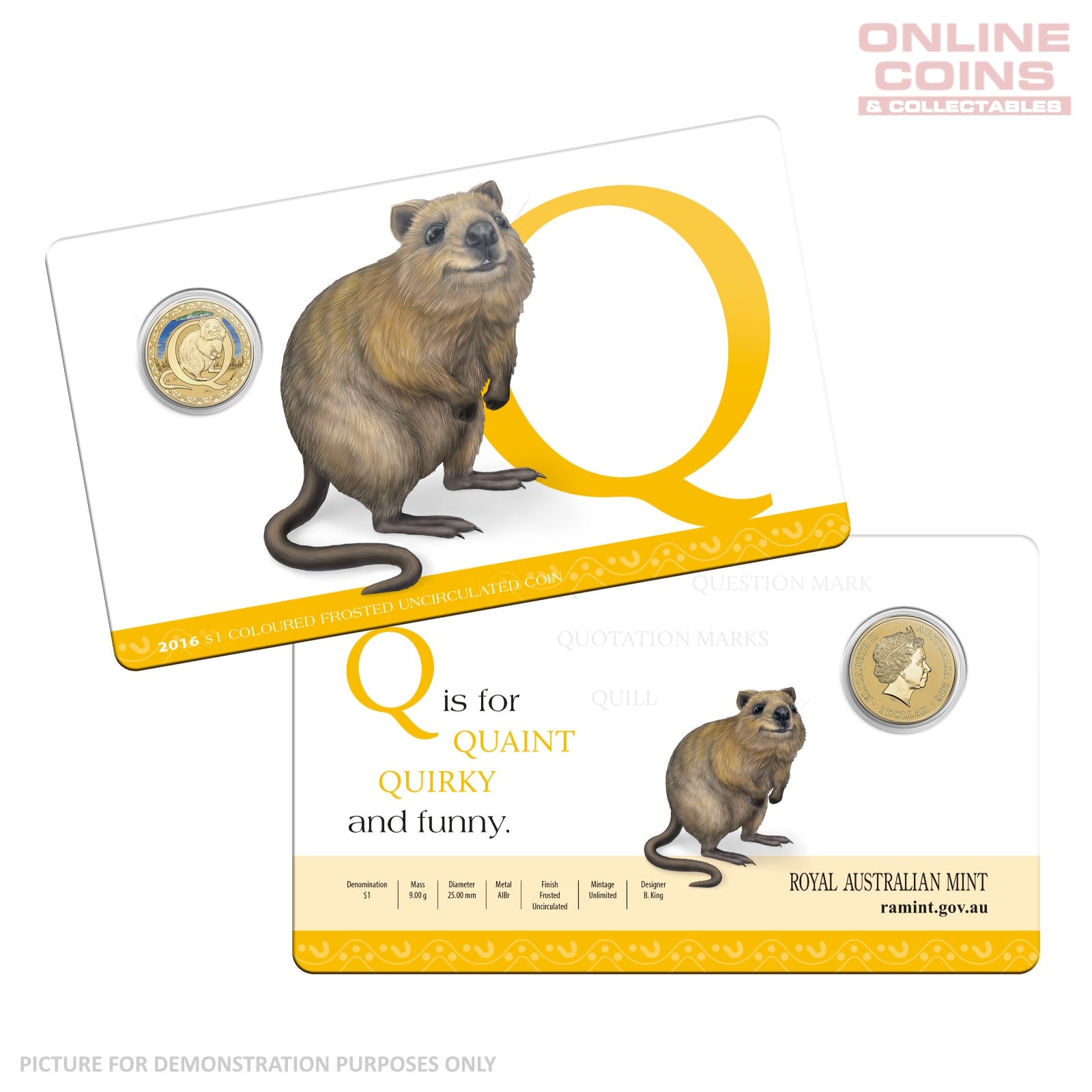 2016 $1 Coloured Alphabet Frosted Coin In Card - Q for Quokka